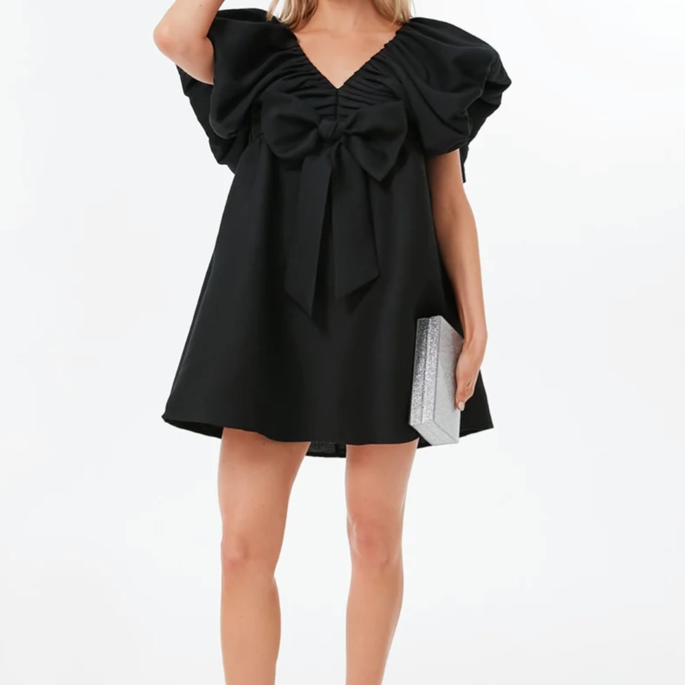 Tuckernuck Black Mini Dress with Puff Sleeves and Front Bow